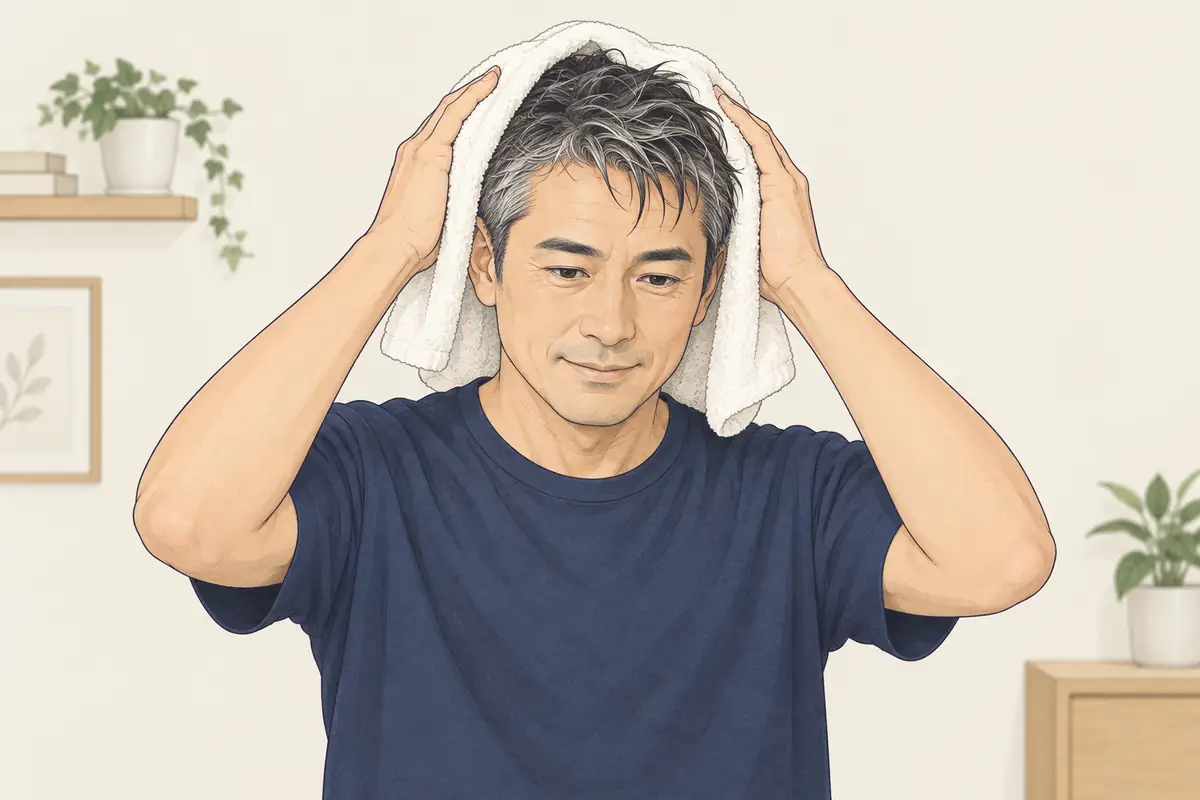 短い髪の水分をタオルでやさしく押さえる架空の男性。説明用イラスト(AI生成)。