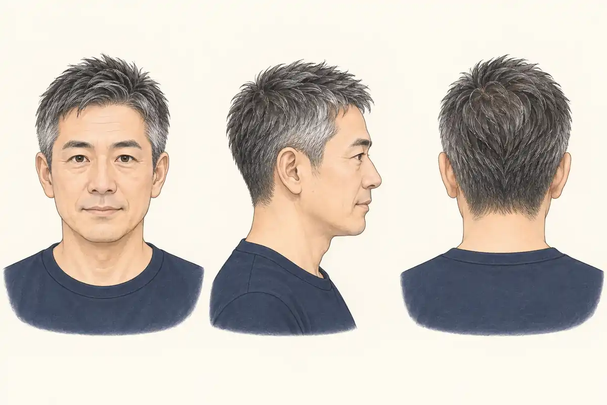 同じ架空の男性の短髪を正面・横・後ろから示した参考図。説明用イラスト(AI生成)。
