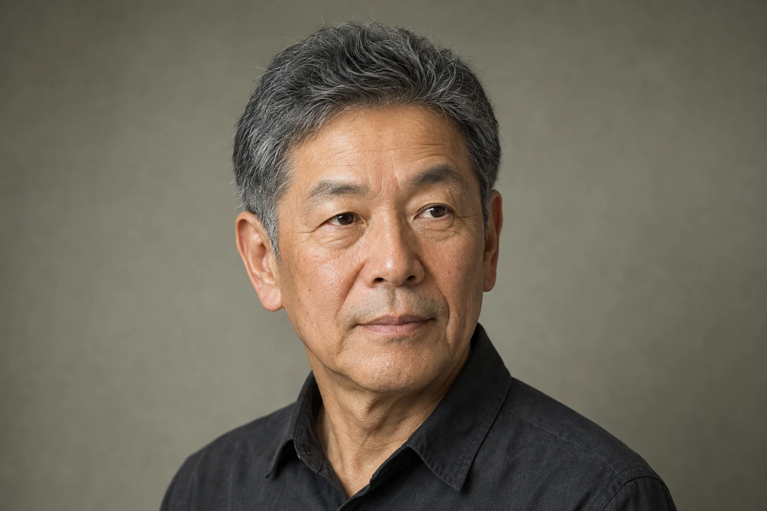 自然な白髪と密度を生かし、トップへ控えめなボリュームを残した大人の日本人男性短髪の生成イメージ