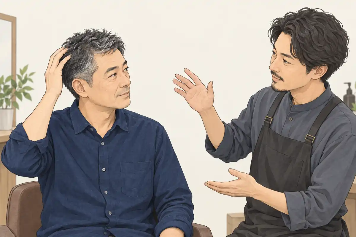 短髪の輪郭を理容師へ相談する白髪交じりの架空の男性。説明用イラスト(AI生成)。