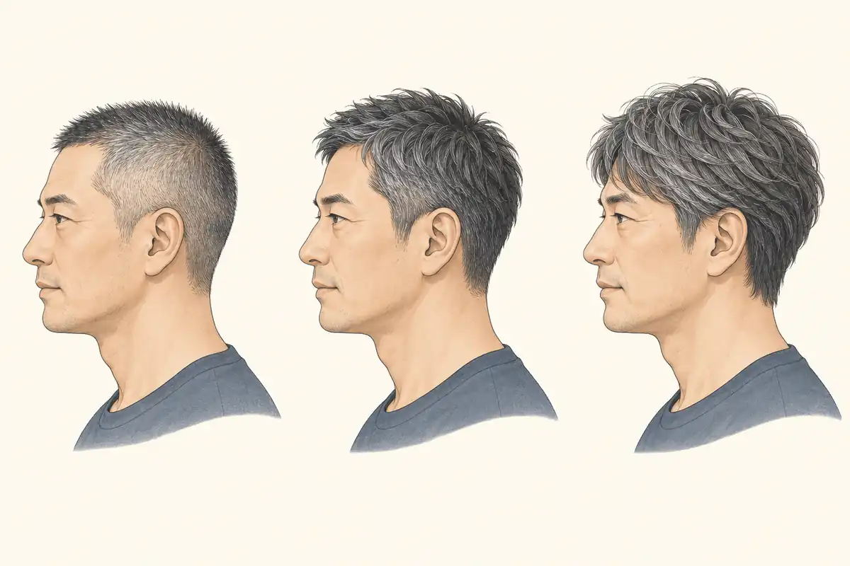 短髪の長さが異なる三つの横顔で地肌と髪の輪郭を比べる説明イラスト。説明用イラスト(AI生成)。