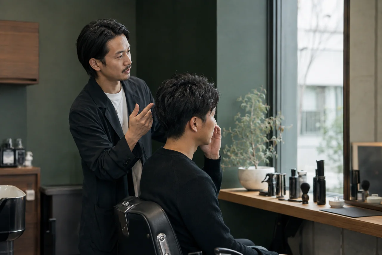 理容室で担当者が短髪の悩みを聞いているカウンセリングの生成イメージ