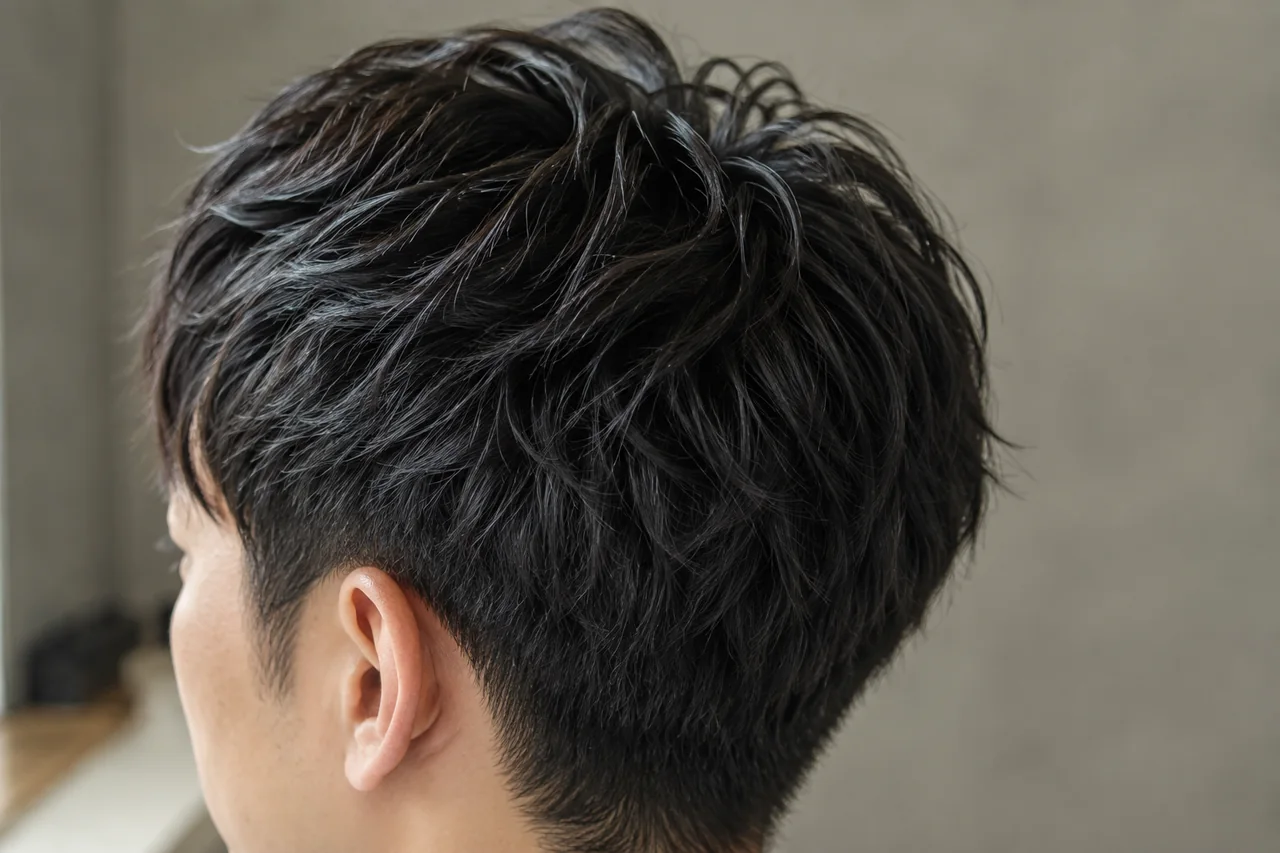 短髪のトップの立ち上がりとサイドの収まりを横後ろから見た生成イメージ