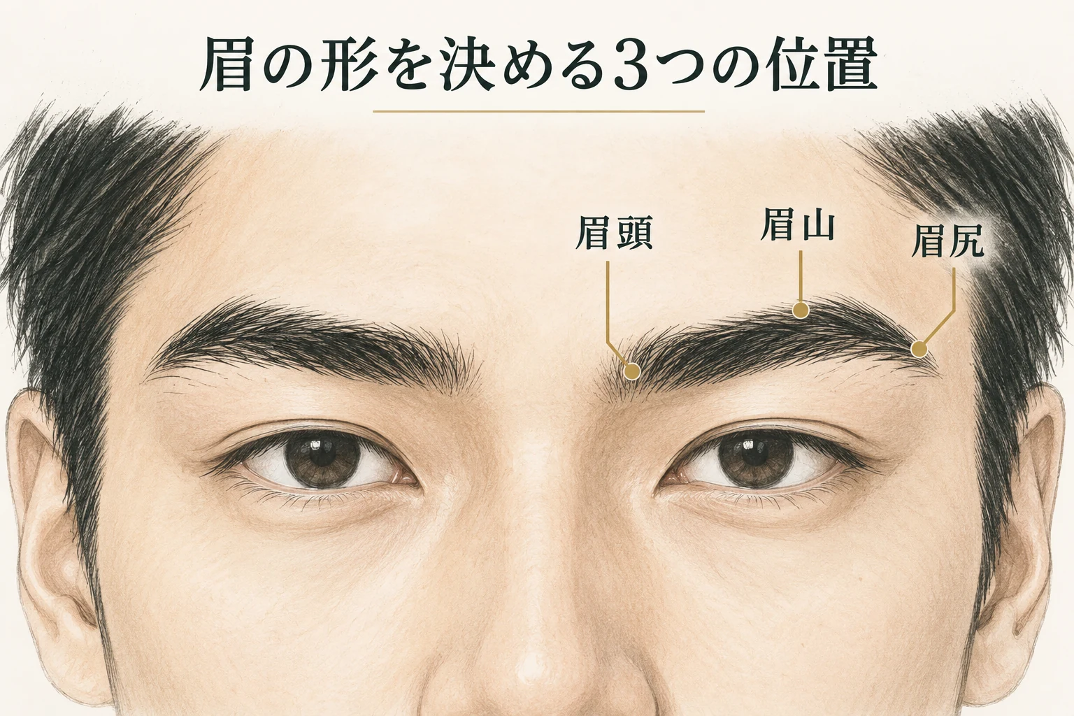 眉頭は鼻側、眉山は眉の上側の折れ曲がり、眉尻は外側の終わりを示す図