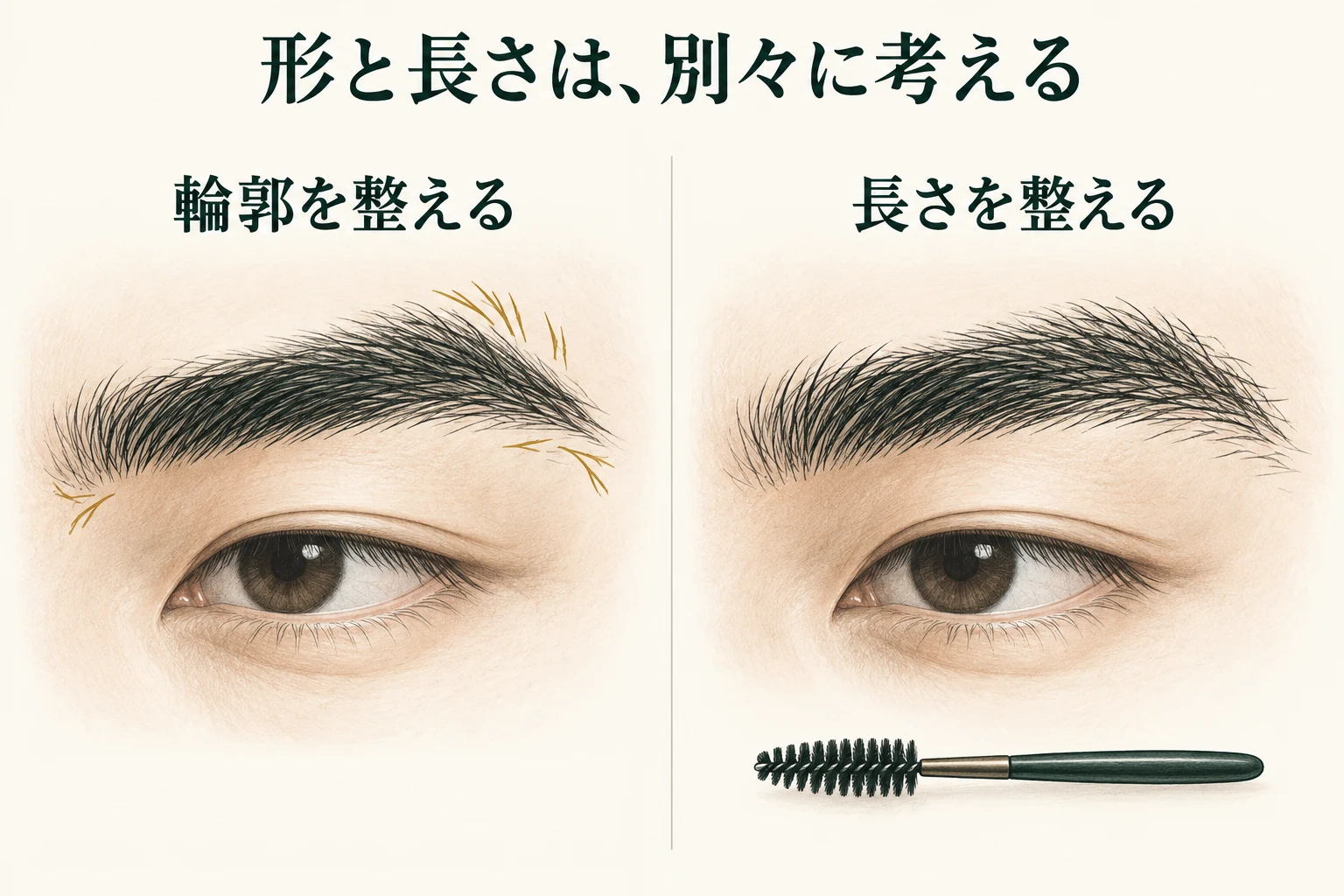 輪郭の外にある毛を整える考え方と、眉の長さと毛流れを整える考え方を分けた図