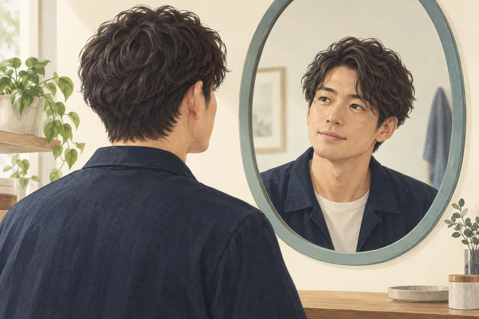 ゆるやかな動きのあるメンズヘアを鏡で確認する説明用イラスト