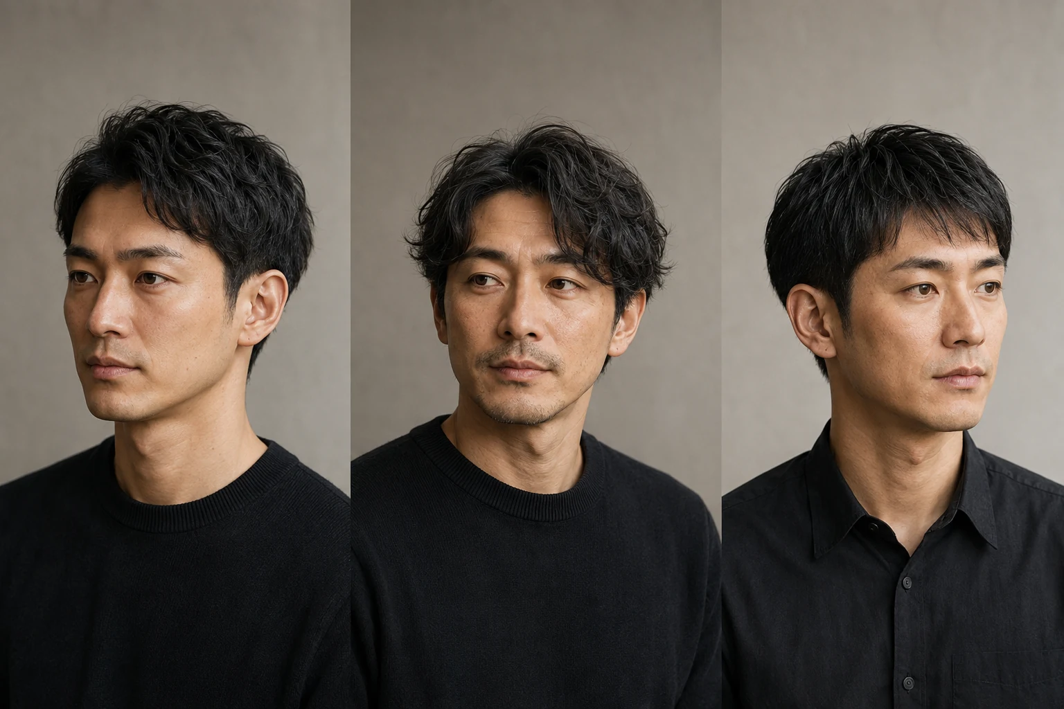 アイロンパーマ、ロッドパーマ、カット中心の違いを考える三人の男性ショートヘア生成比較イメージ
