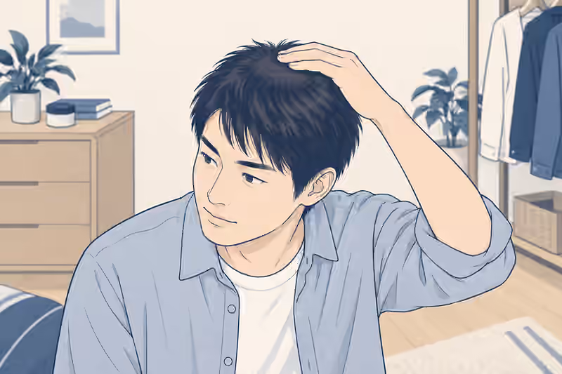 短髪の男性が頭頂部の髪の形を手で確認する説明用イラスト