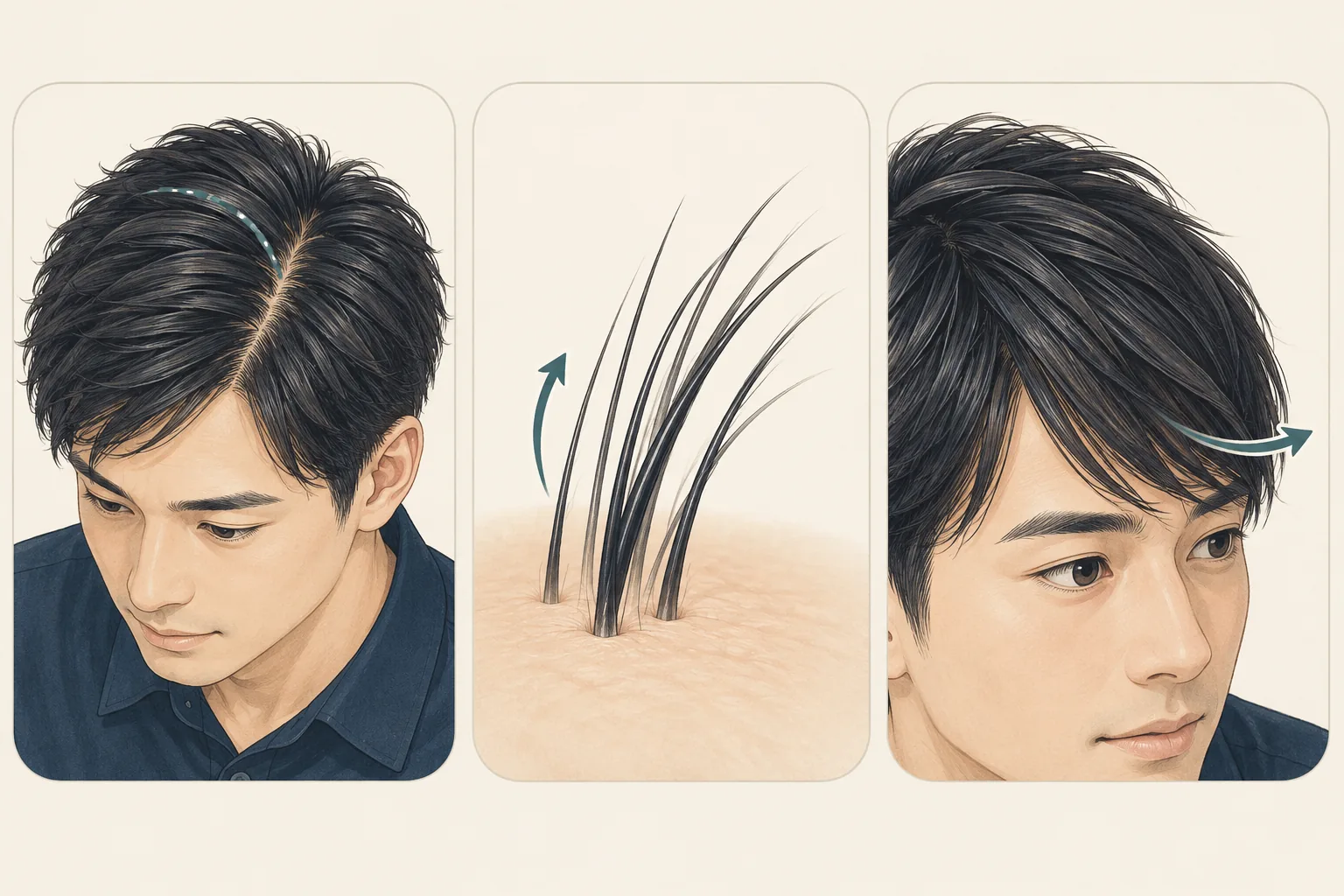 分け目、根元付近の毛の向き、前髪の毛先を三つに分けて示した概念図。説明用イラスト（AI生成）。