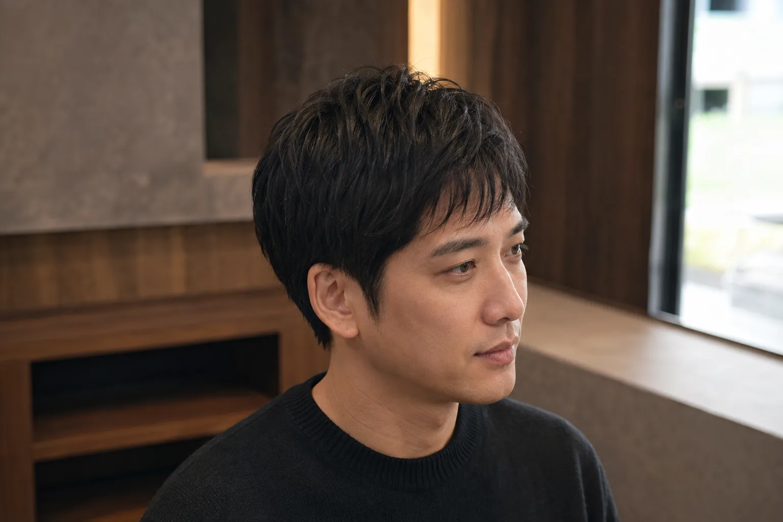 硬く広がる直毛へ自然な丸みと収まりをつけた短い黒髪の生成仕上がりイメージ